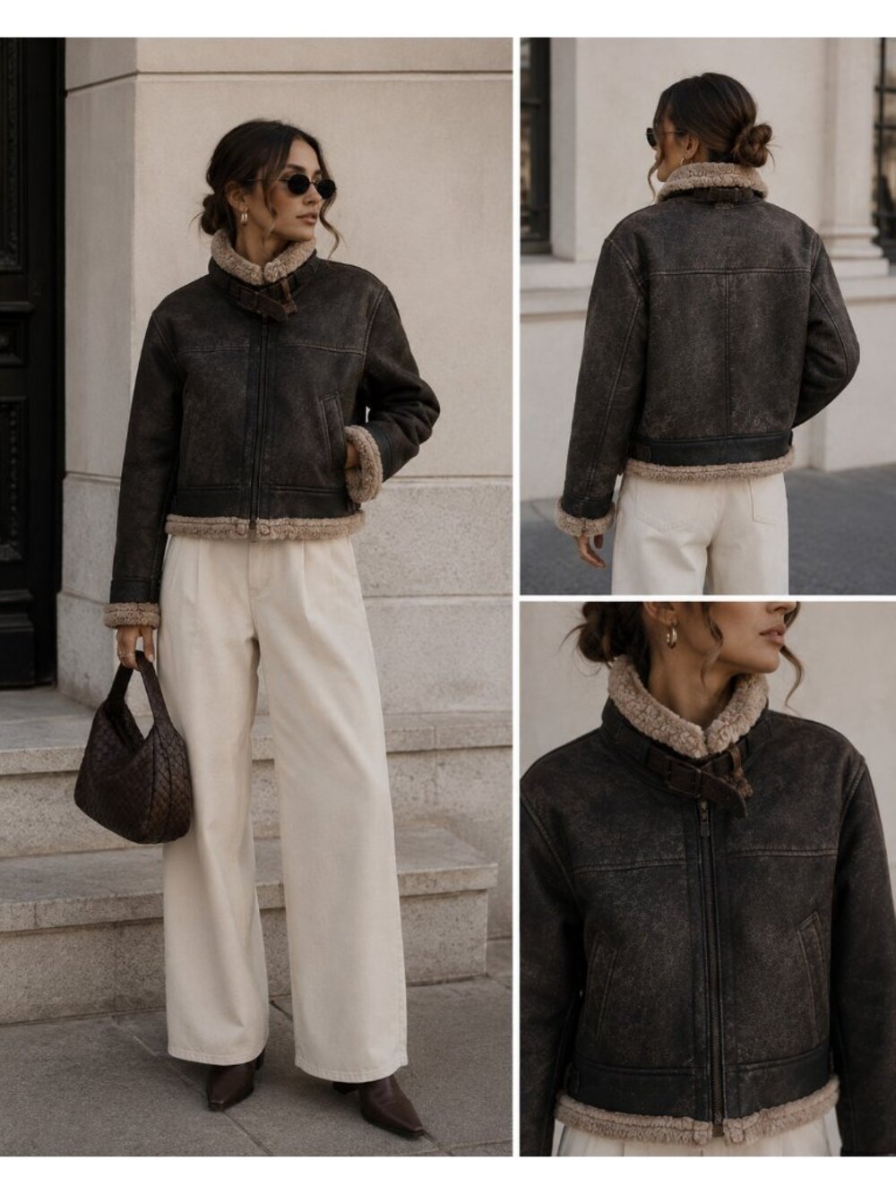 Vintage Genuine Shearling Sheepskin Leather Aviator Bomber Jacket Brown M